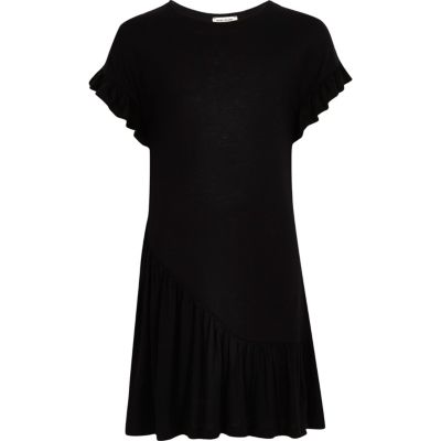 Girls black asymmetric frill smock dress